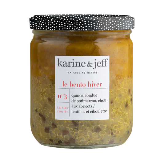 Bento collection hiver -  quinoa, fondue de potimarron, chou aux abricots, lentilles et ciboulette - 1