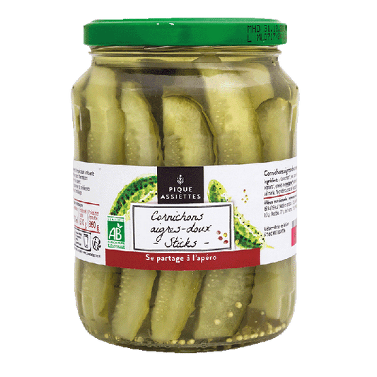 Pique Assiettes -- DDM 31.12.2024 Cornichons aigres-doux en sticks bio - 360 g